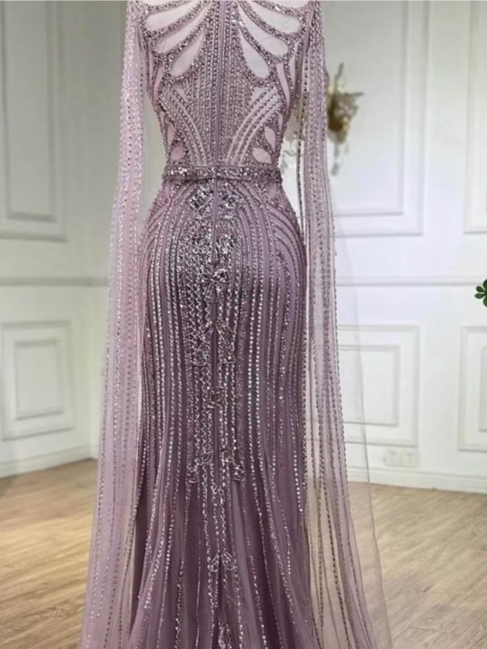 Lilac Embellished Maxi Evening Dress with Cape Sleeves - Picture 2 of 4